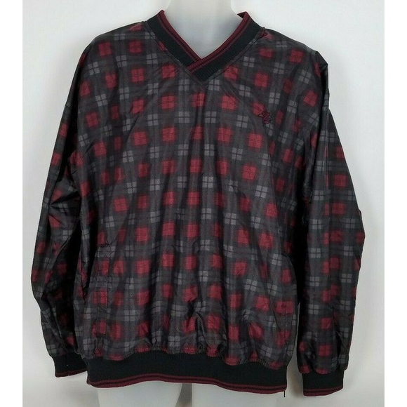 Vintage 90's JERZEES Black Red Checkered Windbreaker Pullover Jacket Men's Lrg - Picture 1 of 8